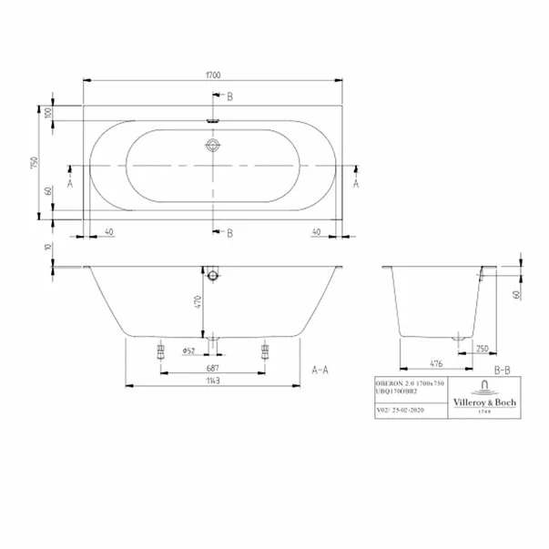 Cada dreptunghiulara compozit Villeroy&Boch Oberon 2.0 170x75 cm Quaryl [3]