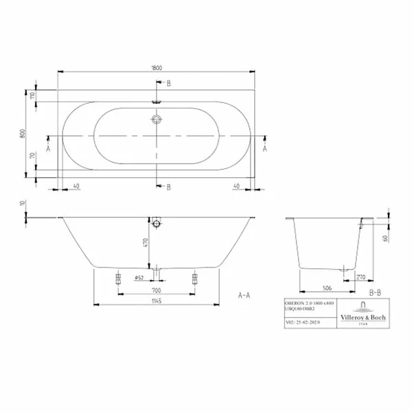 Cada dreptunghiulara compozit Villeroy&Boch Oberon 2.0 180x80 cm Quaryl [2]