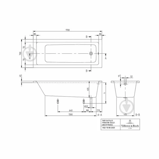 Cada dreptunghiulara Villeroy&Boch Targa Plus Solo alb alpin 170x70 cm [2]