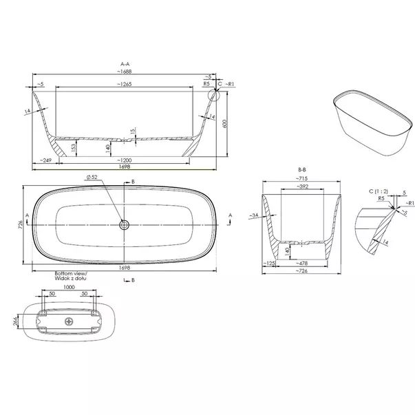 Cada freestanding din compozit Marmite Creta 170x73 cm [2]