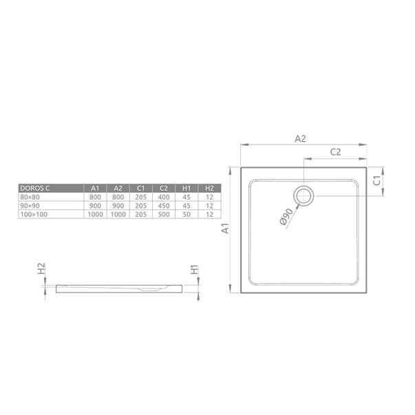 Cadita dus patrata Radaway Doros C 100x100 cm acril alb [2]