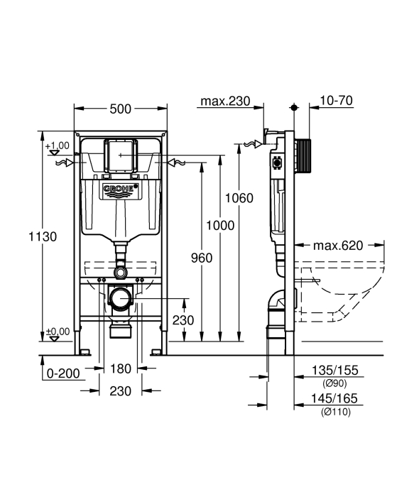 Cadru WC 3in1 Grohe 38539001, 1130 mm, 500 mm, 90, 110 mm, 2 moduri spalare, incastrat, uscata, otel [4]