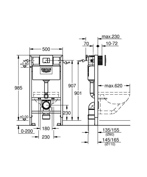 Cadru WC 3in1 Grohe 38888000, 985 mm, 500 mm, 110, 90 mm, 480 mm, 2 moduri spalare, incastrat, suport perete [2]