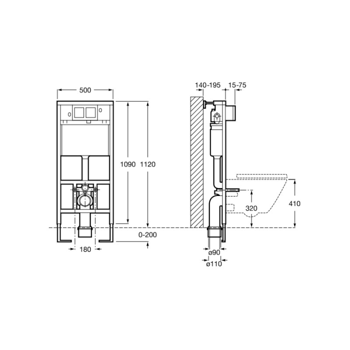 Cadru WC Roca A890090020, 1120 mm, 500 mm, 90, 110 mm, 180, 230 mm, 2 moduri spalare, incastrat, otel [2]