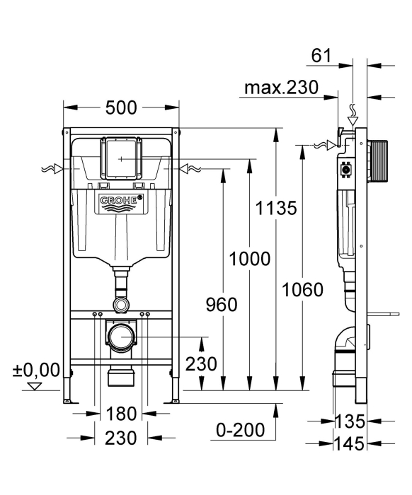 Cadru WC suspendat Grohe 38848000, 1135 mm, 500 mm, 90, 110 mm, 2 moduri spalare, incastrat, uscata, otel [4]