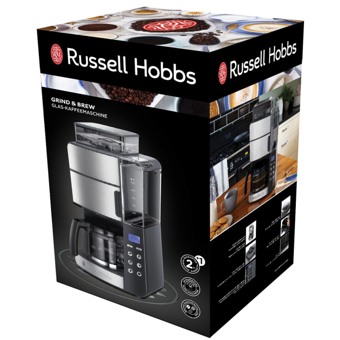 Cafetiera Russell Hobbs Grind & Brew, rasnita integrata, filtru permanent, macinare boabe proaspete, argintiu [3]