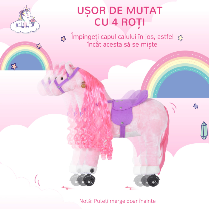  Cal Balansoar pentru Copii 2+ Ani cu Roti si Sunete, Leagan pentru Copii cu Suport pentru Picioare, 65x28x75 cm, Roz [5]