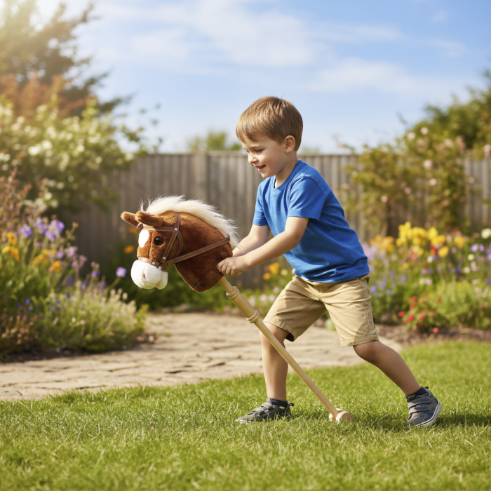  Cal cu Bat si Sunete Realiste pentru Copii 24+ Luni, din Poliester si Lemn, 95x25x27 cm, Maro [8]