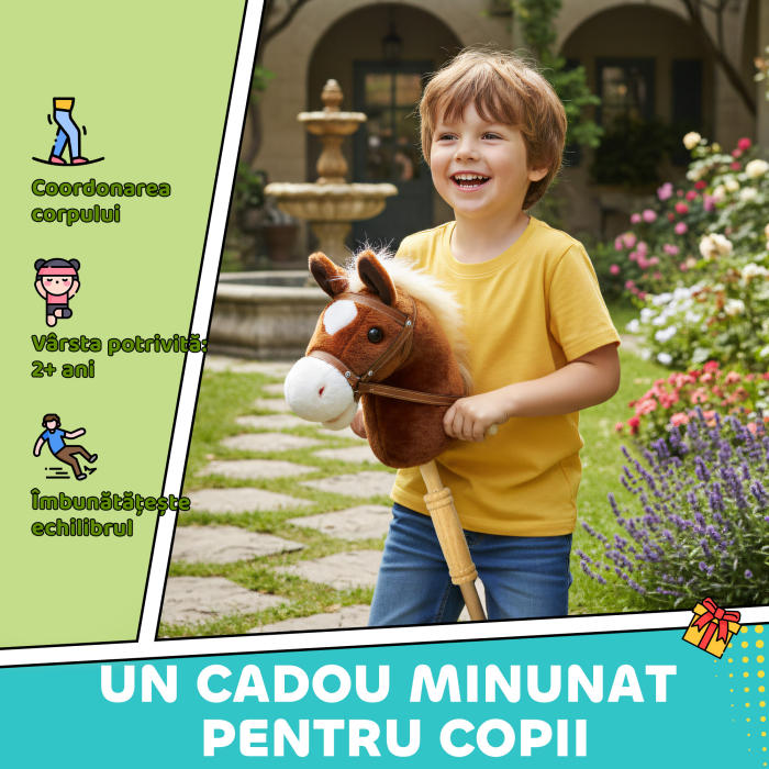 Cal cu Bat si Sunete Realiste pentru Copii 24+ Luni, din Poliester si Lemn, 95x25x27 cm, Maro [7]