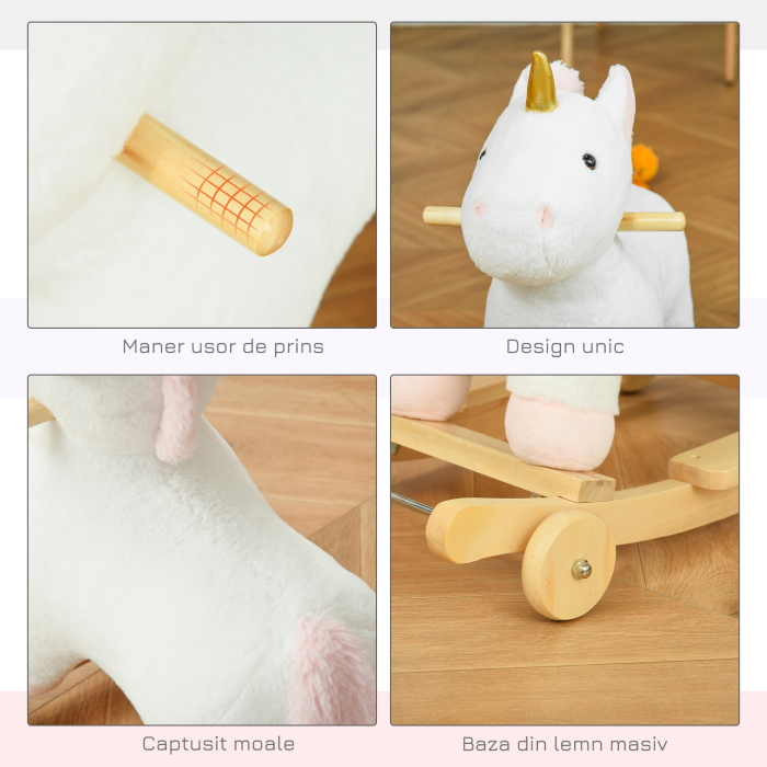  Cal tip Balansoar 2 in 1 Unicorn cu Roti Sunete si Invelis de Plus, Alb [6]