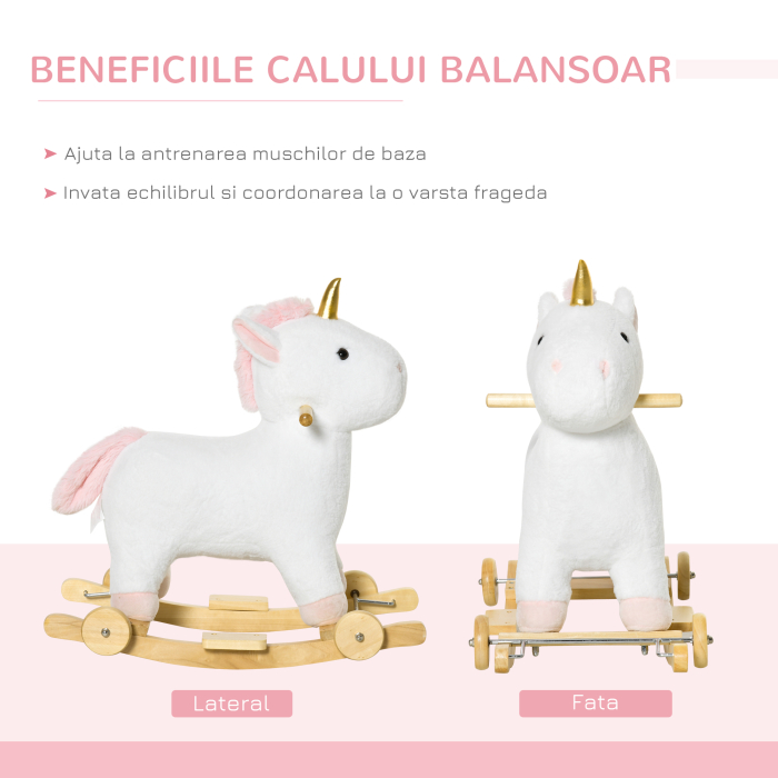  Cal tip Balansoar 2 in 1 Unicorn cu Roti Sunete si Invelis de Plus, Alb [5]