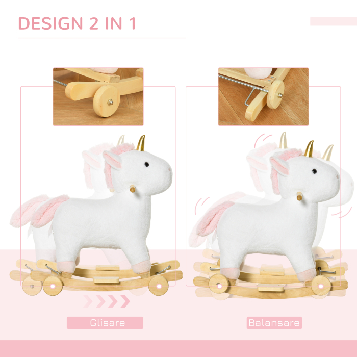  Cal tip Balansoar 2 in 1 Unicorn cu Roti Sunete si Invelis de Plus, Alb [4]