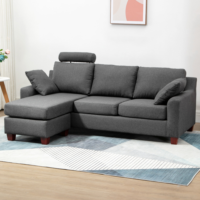 Canapea 3 locuri  cu taburet si perne, tesatura de in gri inchis 194x80x86cm, Confort & Stil pentru Living [2]