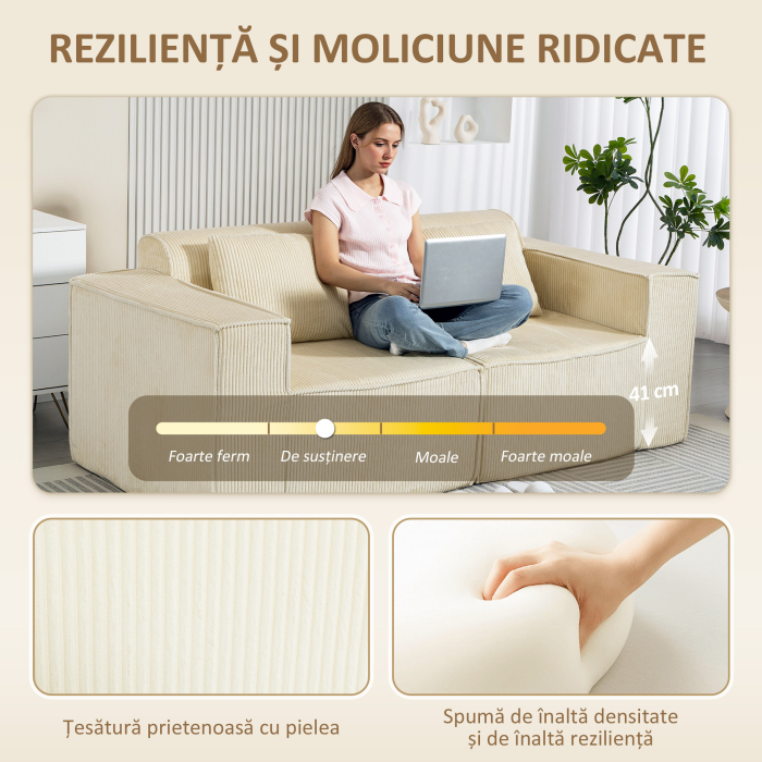  Canapea 3 Locuri Extra Adanca 65 cm, Canapea Modulara Fara Cadru cu Perne Groase, Cotiere Largi si 2 Perne, Design Modern din Catifea cu Nervuri pentru Sufragerie, Bej [4]