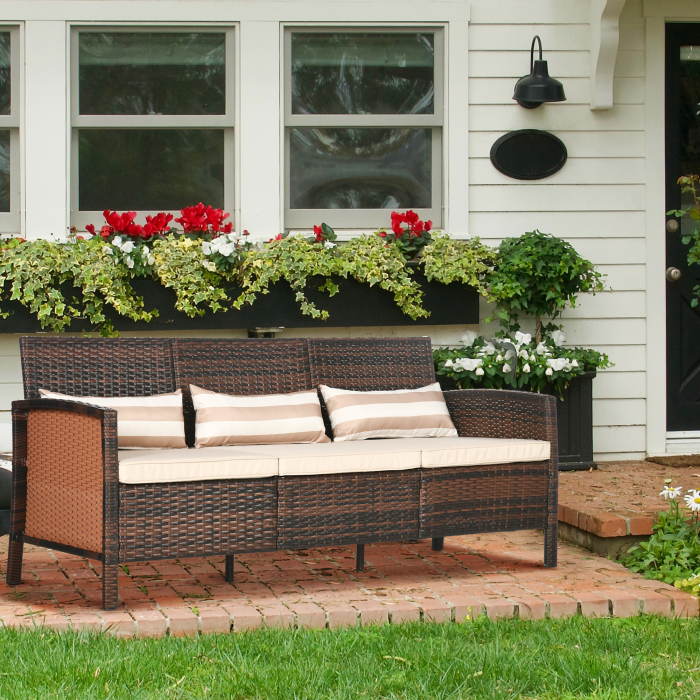  Canapea de exterior cu 3 locuri, din ratan PE, cu perne confortabile si detasabile, 173x68x78 cm, maro [2]
