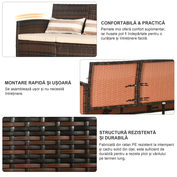  Canapea de exterior cu 3 locuri, din ratan PE, cu perne confortabile si detasabile, 173x68x78 cm, maro [5]