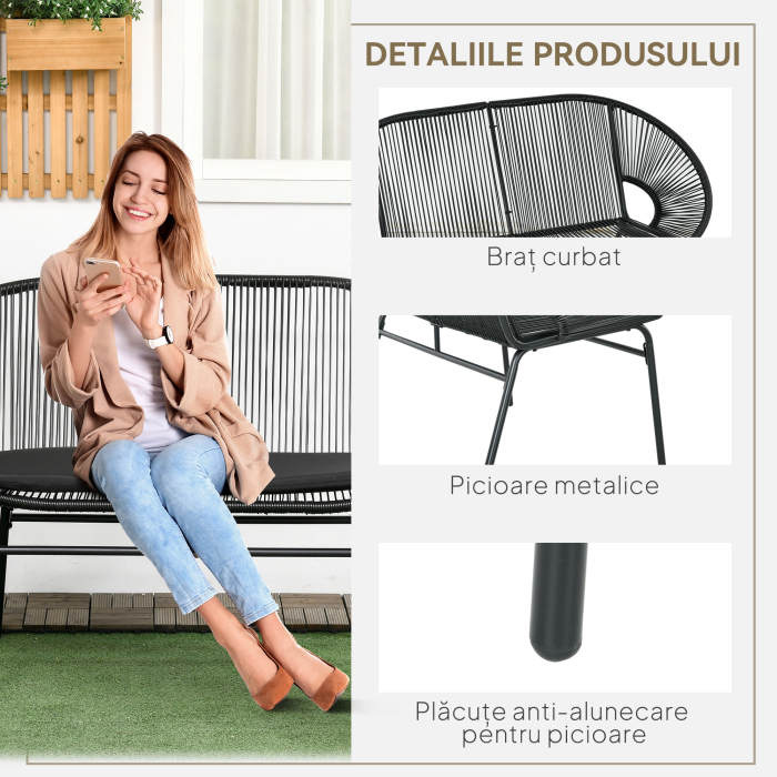  Canapea de Gradina cu 2 Locuri din Ratan PE si Otel cu Perne si Manere, 132x72x83 cm, Negru [6]