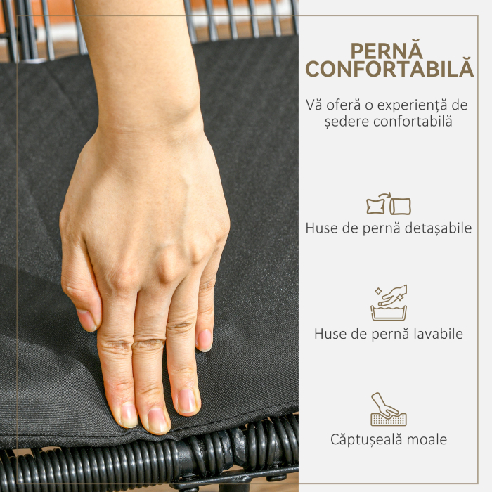  Canapea de Gradina cu 2 Locuri din Ratan PE si Otel cu Perne si Manere, 132x72x83 cm, Negru [7]