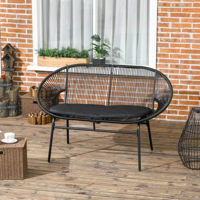  Canapea de Gradina cu 2 Locuri din Ratan PE si Otel cu Perne si Manere, 132x72x83 cm, Negru [2]