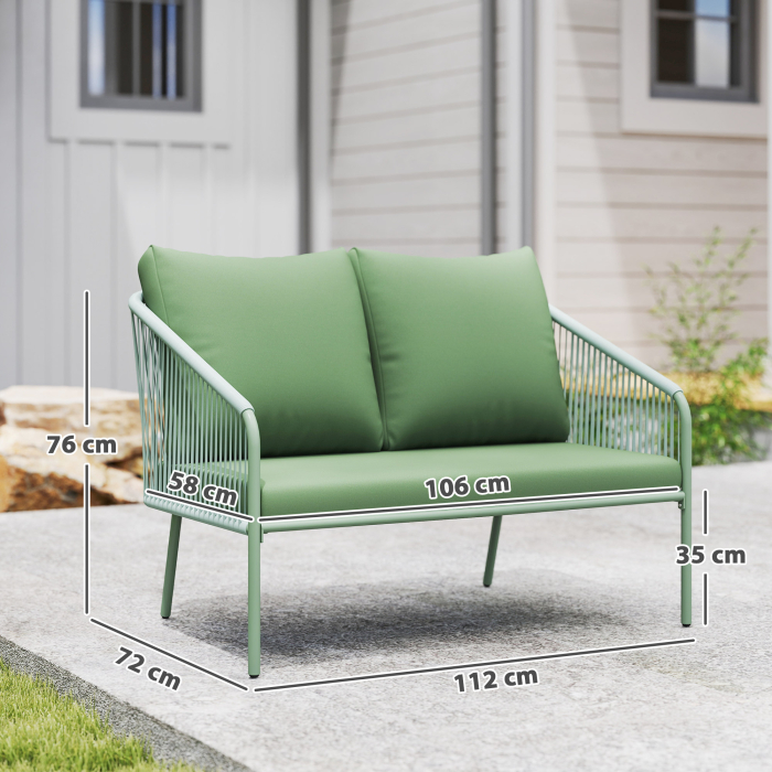  Canapea de Gradina cu 2 Locuri din Ratan PE, Stil Boho, cu Perne Detasabile si Brate, Verde [3]
