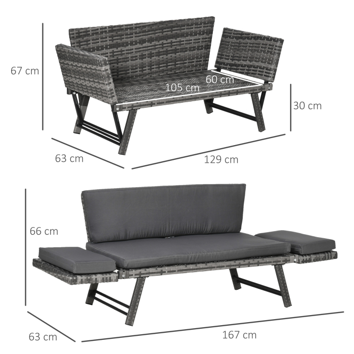  Canapea de Gradina din Ratan si Otel, Canapea cu 2 Locuri si Cotiere Rabatabile, 129x63x67 cm, Gri [3]