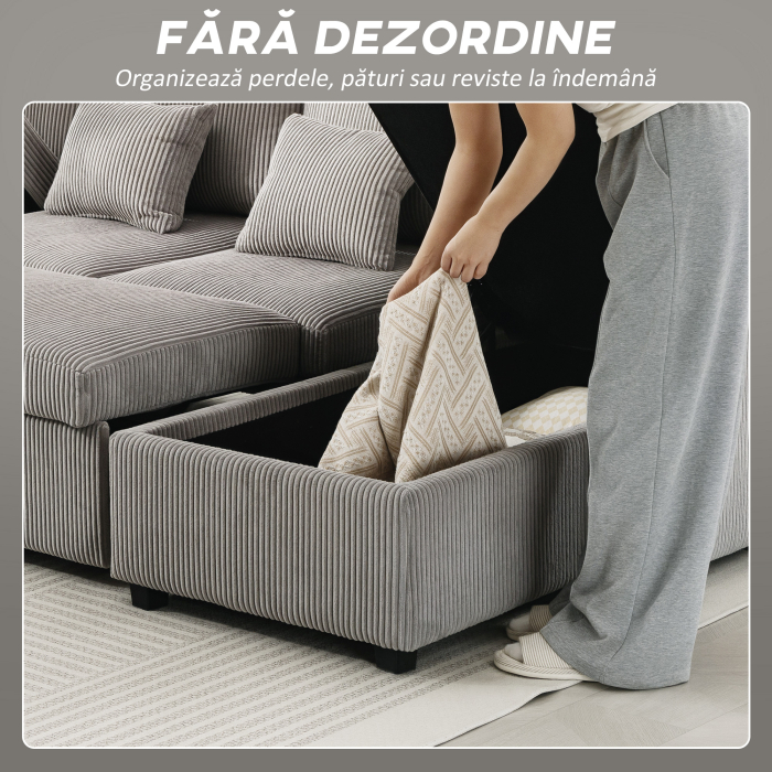 Canapea Extensibila Moderna in Forma de U si Spatii de Depozitare, Catifea Reiata, 282x140x86 cm, Gri [6]