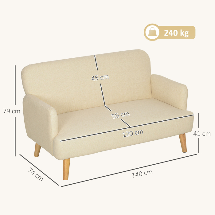  Canapea Moderna de 2 Locuri cu Efect de Catifea si Tapiterie Groasa, 140x74x79 cm, Alb Crem [3]