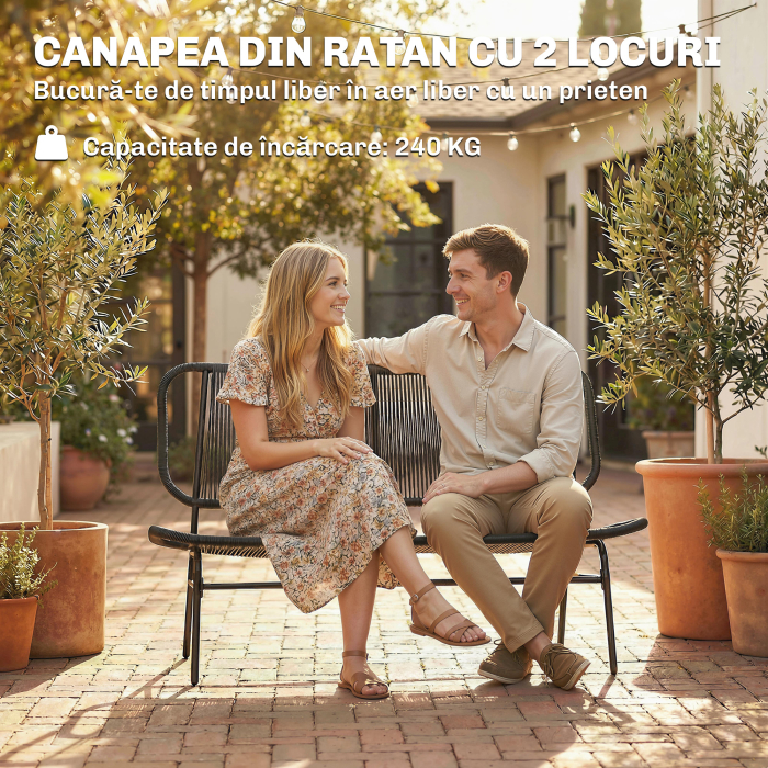  Canapea Rattan cu 2 Locuri, Loveseat cu sezut si Spatar impletit, Negru. [6]