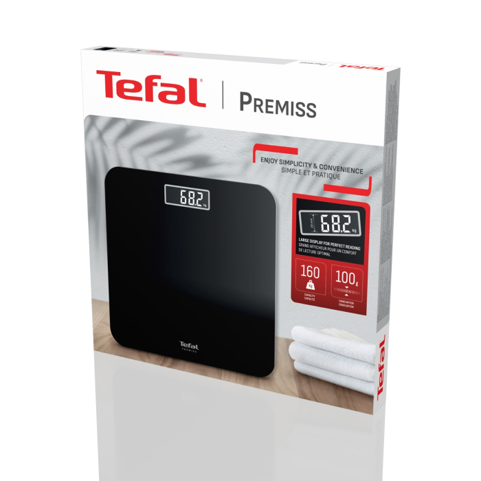 Cantar de baie Tefal Premiss PP1800V0, 160 kg, gradatii la 100 g, 30 x 30 cm, sticla, baterii incluse, negru [4]