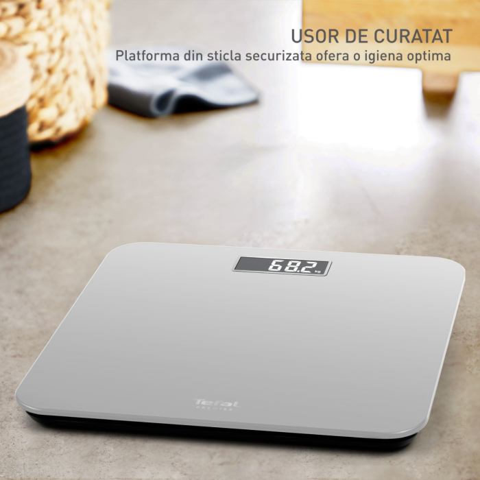 Cantar de baie Tefal Premiss PP1801V0, 160 kg, gradatii la 100 g, 30 x 30 cm, sticla, baterii incluse, argintiu [5]