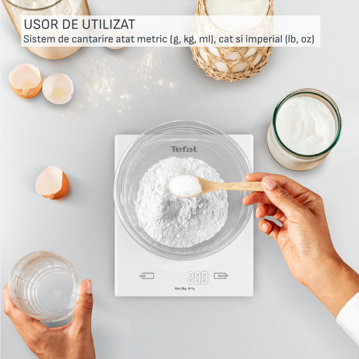 Cantar de bucataraie Tefal Essential BC5504V0, capacitate 5 kg, functie tara, oprire automata, baterii incluse, alb [7]