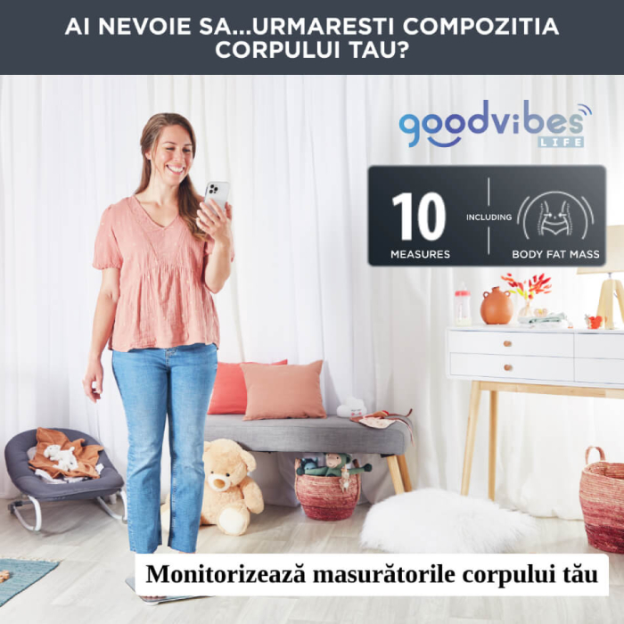 Cantar inteligent Tefal Goodvibes Life BM9600S1, 10 indicatori de masurare, aplicatie dedicata, greutate maxima 160 kg, sticla tratata termic,  [6]