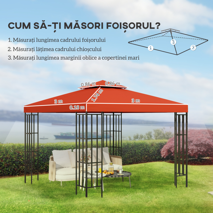  Capac de Foisor, Acoperis pentru Foisor cu 8 Gauri de Drenaj si Curele Velcro, 3x3 m, Rosu Ruginiu [3]