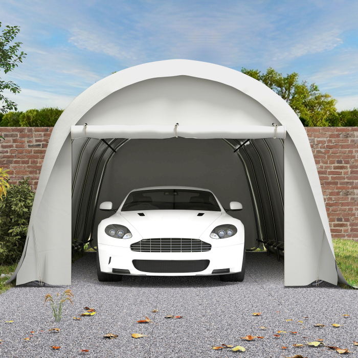 Carport  3,6 x 7,2 m Rezistent, Garaj Portabil cu Protectie Solara UPF50+, Cadru Galvanizat, Usa Mare Rulanta pentru Masini, Camioane, Barci, Motociclete, Biciclete, Alb Crem [9]
