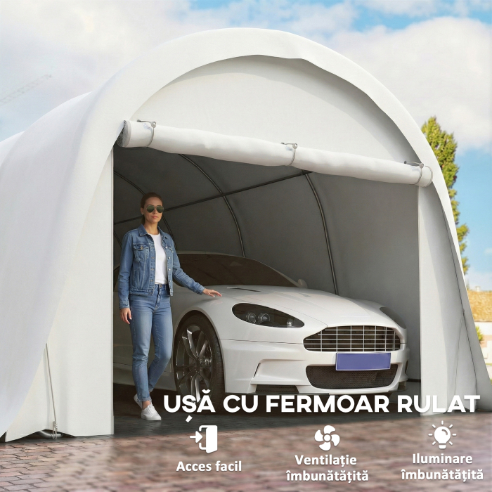 Carport  3,6 x 7,2 m Rezistent, Garaj Portabil cu Protectie Solara UPF50+, Cadru Galvanizat, Usa Mare Rulanta pentru Masini, Camioane, Barci, Motociclete, Biciclete, Alb Crem [6]