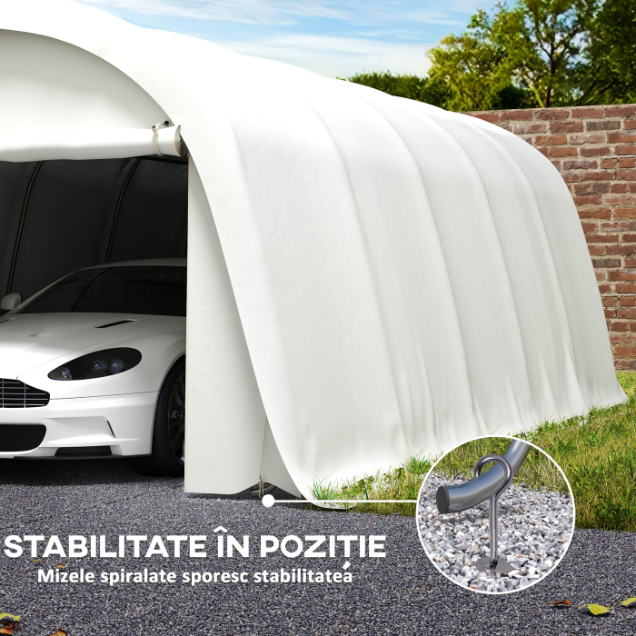 Carport  3,6 x 7,2 m Rezistent, Garaj Portabil cu Protectie Solara UPF50+, Cadru Galvanizat, Usa Mare Rulanta pentru Masini, Camioane, Barci, Motociclete, Biciclete, Alb Crem [7]