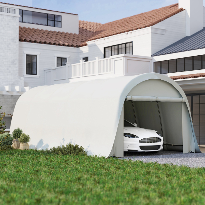 Carport  3,6 x 7,2 m Rezistent, Garaj Portabil cu Protectie Solara UPF50+, Cadru Galvanizat, Usa Mare Rulanta pentru Masini, Camioane, Barci, Motociclete, Biciclete, Alb Crem [2]