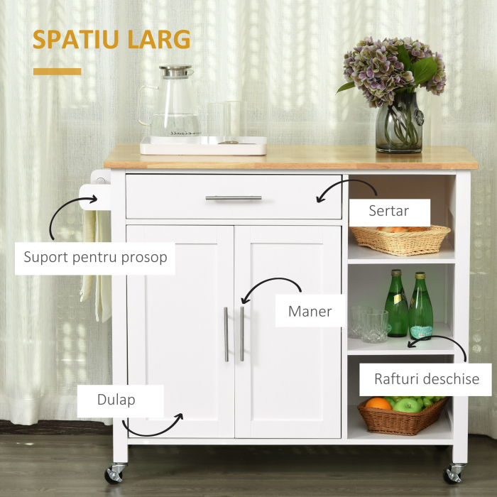  carucior bucatarie cu 4 roti, 3 rafturi, pentru bucatarie si sufragerie,107×48×89 cm, din MDF, Lemn de cauciucalba, alb [5]