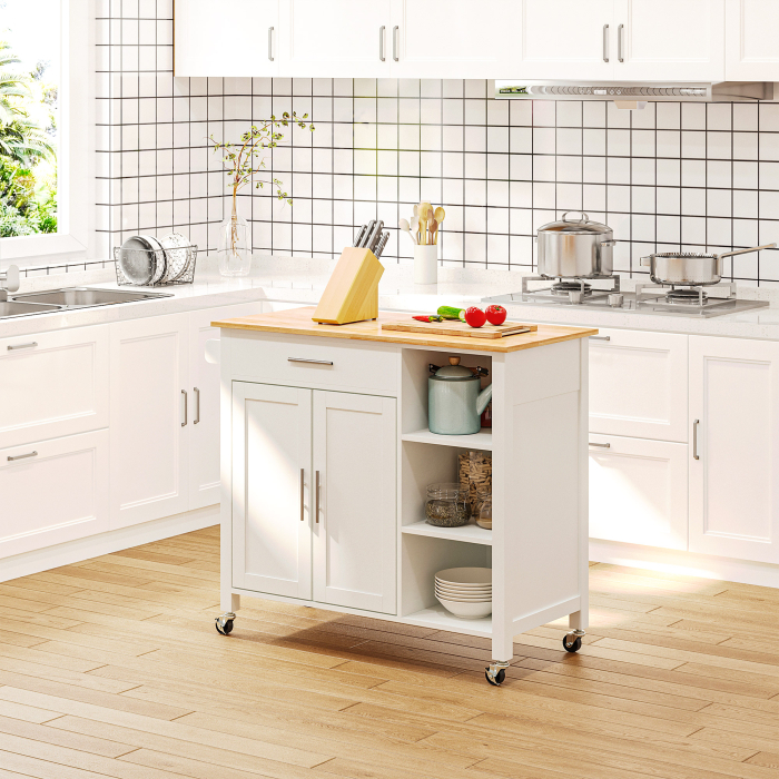  carucior bucatarie cu 4 roti, 3 rafturi, pentru bucatarie si sufragerie,107×48×89 cm, din MDF, Lemn de cauciucalba, alb [2]