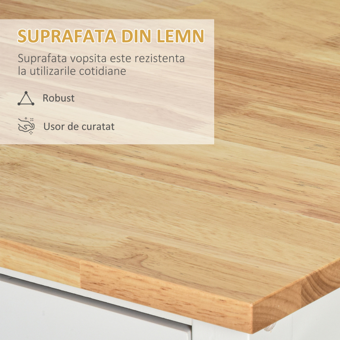  carucior bucatarie cu 4 roti, 3 rafturi, pentru bucatarie si sufragerie,107×48×89 cm, din MDF, Lemn de cauciucalba, alb [6]