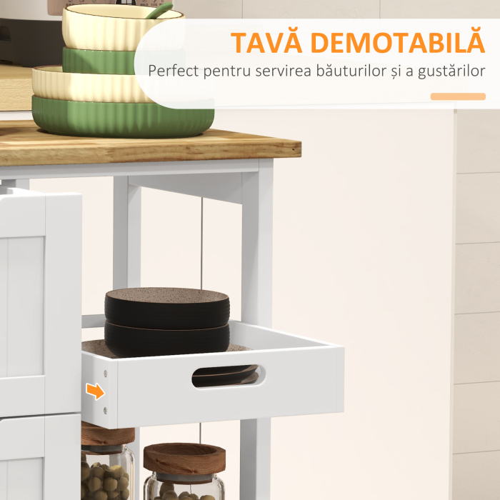  Carucior Bucatarie cu Roti, Insula Bucatarie cu 3 Sertare, 3 Rafturi, Blat din Lemn, Mobilier Multifunctional Compact, 67x37x85.5cm, Alb [5]
