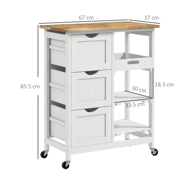  Carucior Bucatarie cu Roti, Insula Bucatarie cu 3 Sertare, 3 Rafturi, Blat din Lemn, Mobilier Multifunctional Compact, 67x37x85.5cm, Alb [3]
