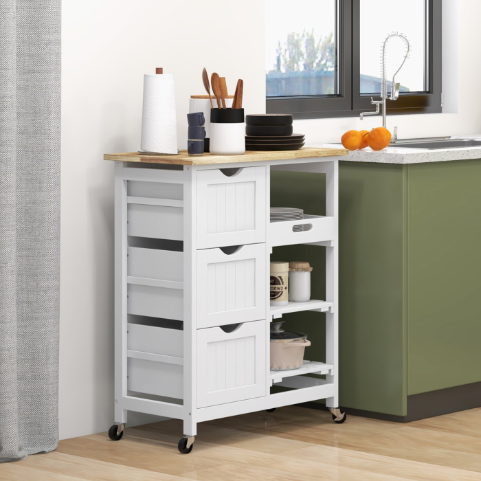  Carucior Bucatarie cu Roti, Insula Bucatarie cu 3 Sertare, 3 Rafturi, Blat din Lemn, Mobilier Multifunctional Compact, 67x37x85.5cm, Alb [2]