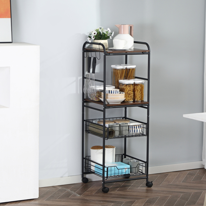  Carucior de bucatarie cu 2 cosuri detasabile din metal, 2 rafturi din PAL si carlige laterale, 40x38x111cm [2]