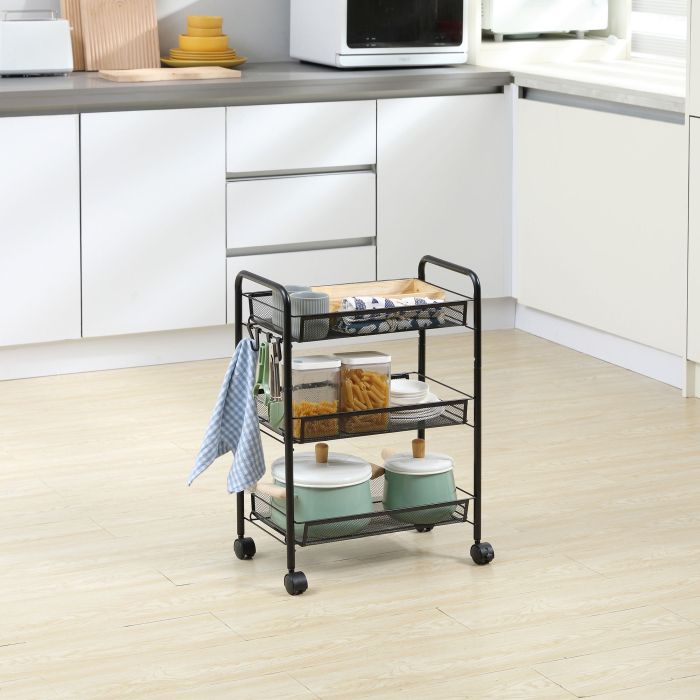  Carucior de bucatarie cu 3 niveluri cu cosuri detasabile si 4 roti, otel si plastic PP, 45Lx26,5x63cm, Negru [7]