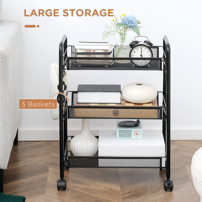  Carucior de bucatarie cu 3 niveluri cu cosuri detasabile si 4 roti, otel si plastic PP, 45Lx26,5x63cm, Negru [4]