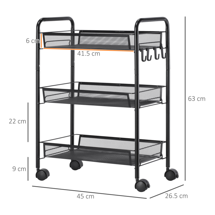  Carucior de bucatarie cu 3 niveluri cu cosuri detasabile si 4 roti, otel si plastic PP, 45Lx26,5x63cm, Negru [3]