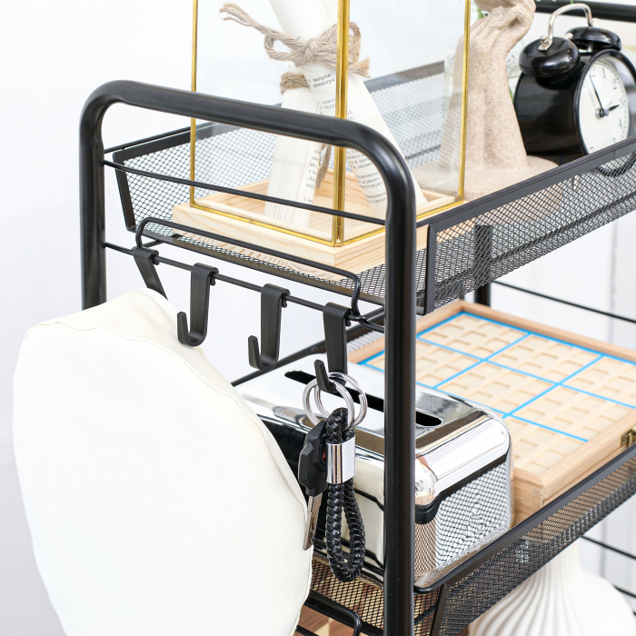  Carucior de bucatarie cu 3 niveluri cu cosuri detasabile si 4 roti, otel si plastic PP, 45Lx26,5x63cm, Negru [8]