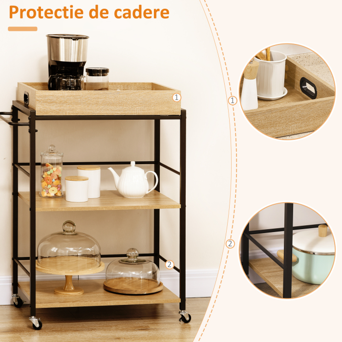  Carucior de bucatarie cu 3 rafturi si tava detasabila e roti mobile, carucior de bucatarie in stil industrial 65x40x86cm, lemn si negru [7]
