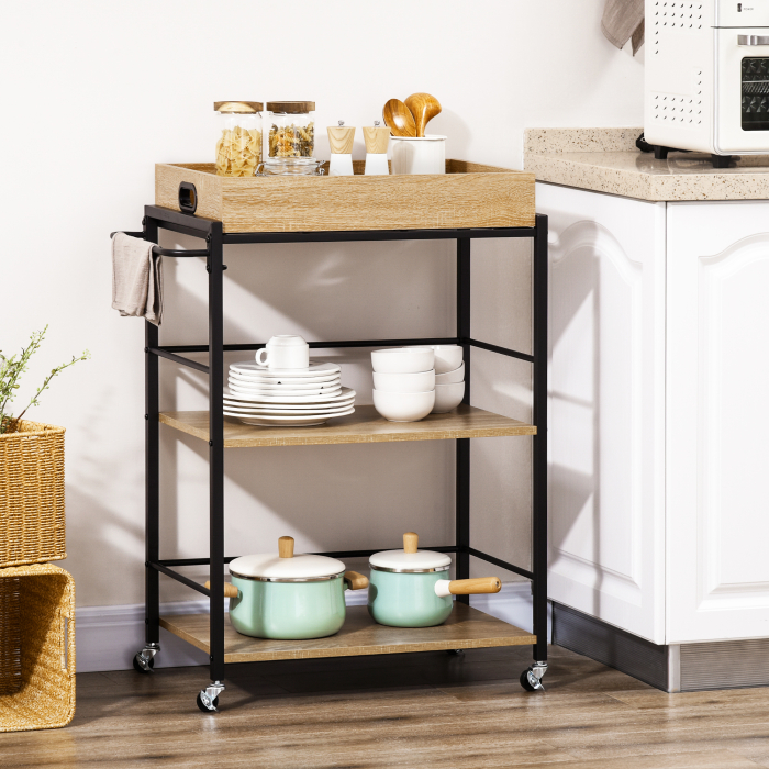  Carucior de bucatarie cu 3 rafturi si tava detasabila e roti mobile, carucior de bucatarie in stil industrial 65x40x86cm, lemn si negru [2]
